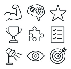 Strengths Icon Set. Outline icon set of strengths identification: flexed arm, brain with gears, star, trophy, puzzle piece,