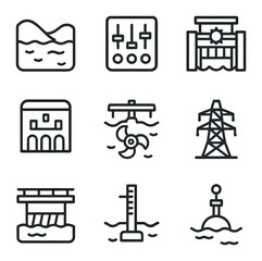 Water Infrastructure Icons. Outline icon set of water-powered infrastructure: upstream lake, dam