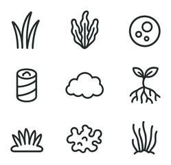 Fototapeta premium Reef Plant Icons. Outline icon set of reef plants and algae: seagrass blade, macroalgae frond, microalgae cell, seaweed wrap,