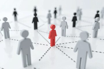 Colorful Human Figures Connected by Dotted Lines on a White Background, Representing Social Networking, Teamwork, Leadership, Diversity, and Community Structure in a Digital Concept