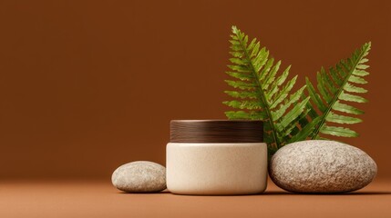 A decorative jar made from ceramic sits among smooth stones and a vibrant green fern, creating a serene atmosphere. The warm background enhances the natural elements present