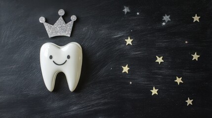 Tooth fairy concept featuring a smiling tooth with a crown and stars against a chalkboard background