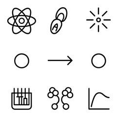 Nuclear Physics Icons. Outline icon set of nuclear physics: atomic nucleus, alpha particle, beta decay arrow, gamma ray burst,
