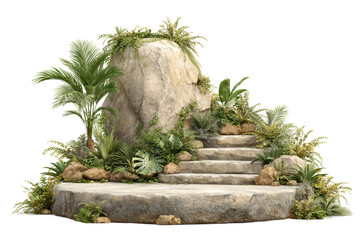 PNG Tropical stone staircase with lush greenery and ferns
