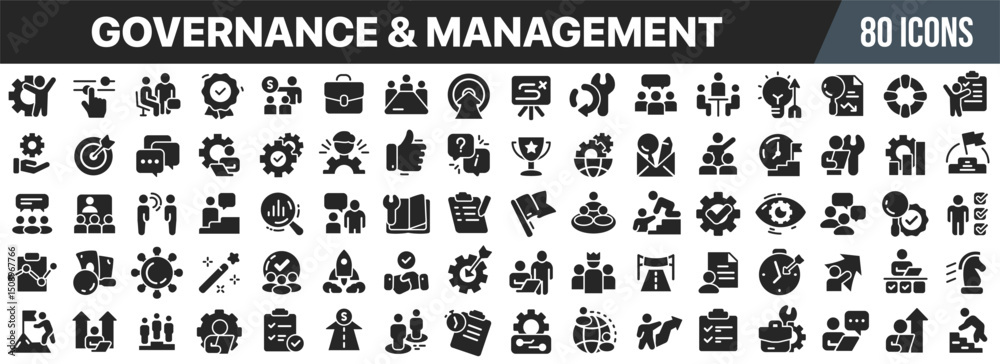 Poster governance and management black icons collection. big ui icon set in a flat design. vector illustrat