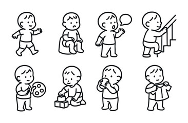 Baby development stages in line art for child growth and learning design