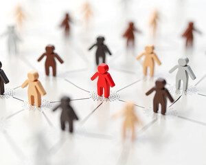 Colorful Human Figures Connected by Dotted Lines on a White Background, Representing Social Networking, Teamwork, Leadership, Diversity, and Community Structure in a Digital Concept