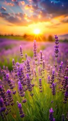 Fototapeta premium Purple lavender flowers in a lush green grassy field at sunset with warm golden light and gentle breeze