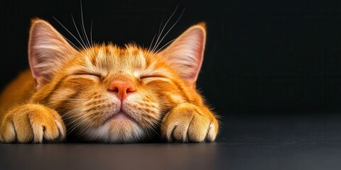 Adorable Ginger Cat Sleeping Peacefully on a Black Background