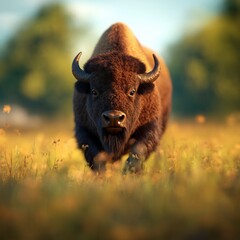 Majestic Bison Grazing Under Bright Sky in Lush Green Meadow During Golden Hour
