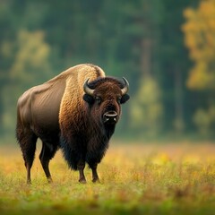 Majestic American Bison Standing Alone in a Serene Natural Landscape at Sunrise