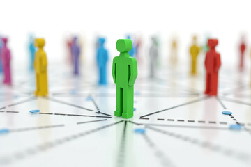Colorful Human Figures Connected by Dotted Lines on a White Background, Representing Social Networking, Teamwork, Leadership, Diversity, and Community Structure in a Digital Concept