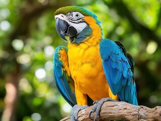Vibrant Macaw Perched on Branch Against Lush Green Background in Nature Scene