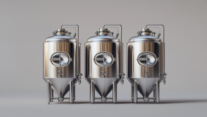 Three stainless steel beer brewing tanks on a grey background, photorealistic, hyperrealistic, high-resolution photography, high quality