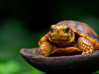 Captivating close-up of a vibrant turtle resting on a rustic wooden bowl
