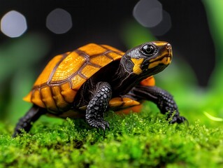 Colorful Turtle Crawling on Vibrant Green Moss Surrounded by Soft Bokeh Background