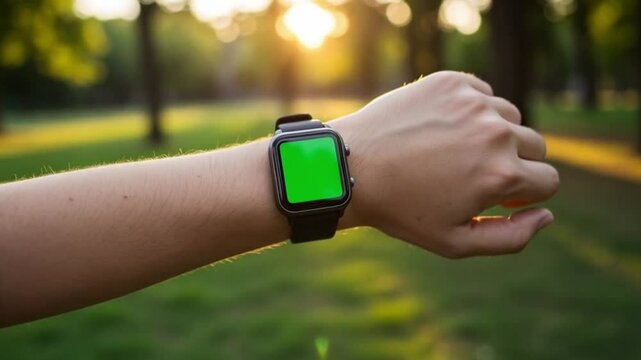 Smartwatch on wrist with green screen for content insertion, person holding arm in park at sunset, customizable wearable device display in outdoor natural light

