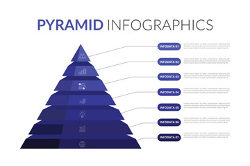 Fototapeta premium Abstract dark blue pyramid infographic with seven horizontal steps and connecting lines for data presentation