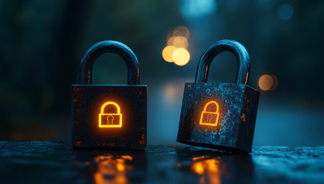 Two padlocks with glowing cybersecurity symbols on them, symbolizing data protection and online safety in the digital age
