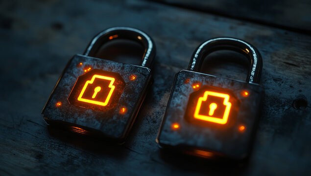 Two padlocks with glowing cybersecurity symbols on them, symbolizing data protection and online safety in the digital age