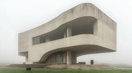 Fototapeta premium Modern Concrete House With Curved Lines In Foggy Rural Landscape