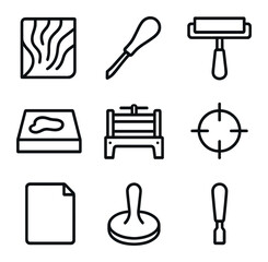 Printmaking Tools Icons. Outline icon set of printmaking corner: lino block, carving tool, brayer roller, ink slab, printing press