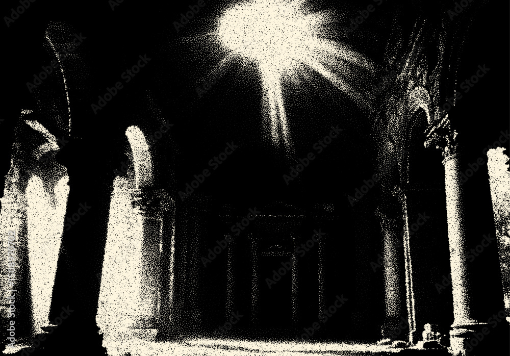 Aufkleber ancient ruins in sci-fi scene with dotwork retro style. mysterious gate debris with dramatic lights 