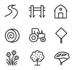 Rural Road Icon Set. Outline icon set of rural country road rides: winding road, fence post, farmhouse outline, hay bale, tractor