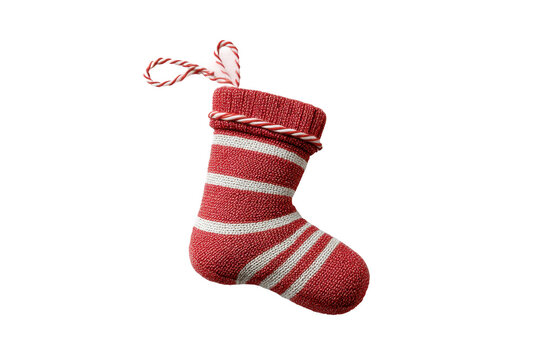 PNG Festive red and white knit christmas stocking with candy cane stripes
