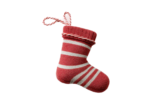 PNG Festive red and white knit christmas stocking with candy cane stripes
