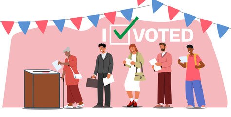 election day cartoon scene people queue carrying filled paper ballots put voting box community responsibility