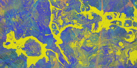 An abstract acrylic painting displaying yellow organic shapes and forms dancing across a textured blue and green colorful background providing a unique artistic aesthetic
