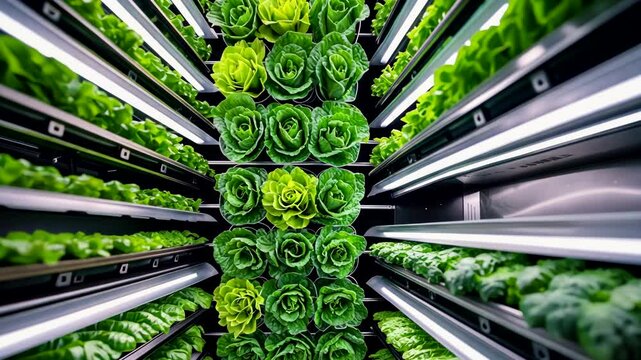 Fresh Green Lettuce Growing Indoors Under Vertical LED Lights in High-Tech Urban Hydroponic Farm