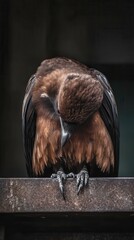 Majestic Bird with Brown Feathers Standing on a Metal Surface in Dim Light