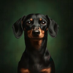Adorable Black and Tan Dachshund Dog Portrait Against a Dark Green Background