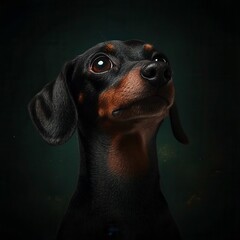 Adorable dachshund with soulful eyes against a dark, dramatic background