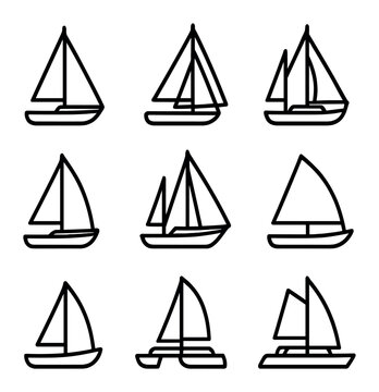 Sailboat Icon Set. Outline icon set of sailboat types: sloop, cutter, ketch, yawl, schooner, catboat, dinghy, trimaran, catamaran.