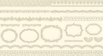 Fototapeta premium Hand drawn set of coquette borders, frames, and seamless patterns: tiny florals, soft scallops, delicate dots, subtle stripes. Whimsical vintage line art vector designs.