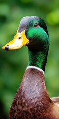 Close-up Portrait of a Vibrant Male Duck with Lush Green Feathers and Bright Bill