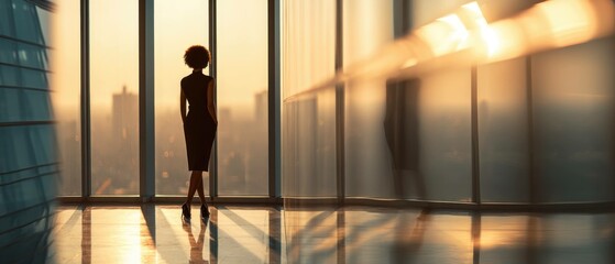 Fototapeta premium Golden Hour Success Woman Contemplating City Skyline