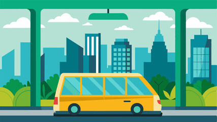 A large window at the front of the taxi provides a panoramic view of the surrounding city allowing passengers to admire the ecofriendly skyscraperapers and green rooftops.. Vector illustration