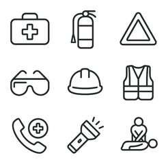 Safety Icons Set. Outline icon set of safety and first aid: first aid kit, fire extinguisher, warning triangle, safety goggles,