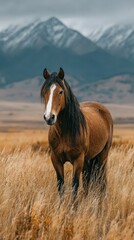 Majestic horse standing in tall grass against a mountain backdrop during cloudy weather