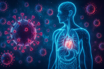Virus attacking human body concept showing lungs and heart anatomy. Ideal for medical, scientific, and healthcare-related designs.