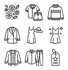 Fototapeta premium Seasonal Fashion Icons. Outline icon set of seasonal collections: spring floral print, summer linen set, autumn knitwear, winter