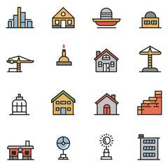 Collection of Various Building and Construction Icons in Flat Style
