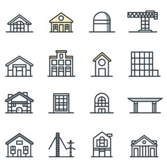 Collection of Minimalist Line Icons of Various Buildings and Structures
