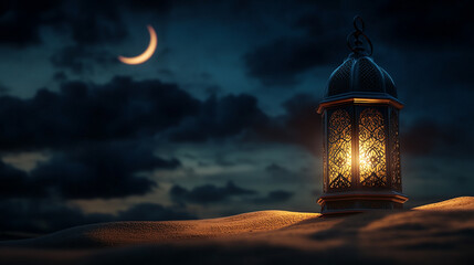 An ornate, glowing lantern sits on sand dunes under a dark, cloudy night sky with a crescent moon visible.
