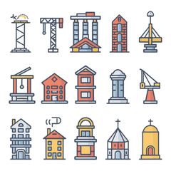 Colorful Architectural Icons Featuring Diverse Building Designs
