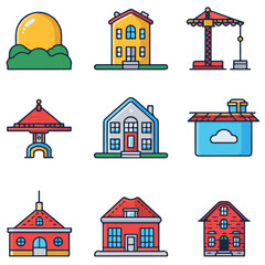 Colorful Icons of Homes, Construction, and Sunny Landscape Elements
